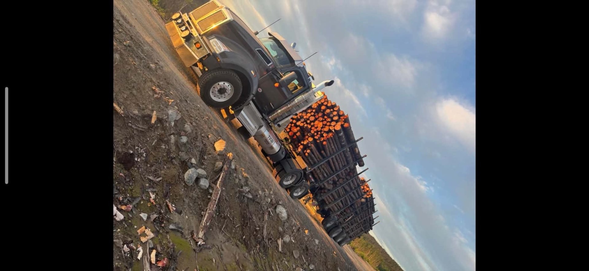 Camion TFB chargé de billots au coucher du soleil