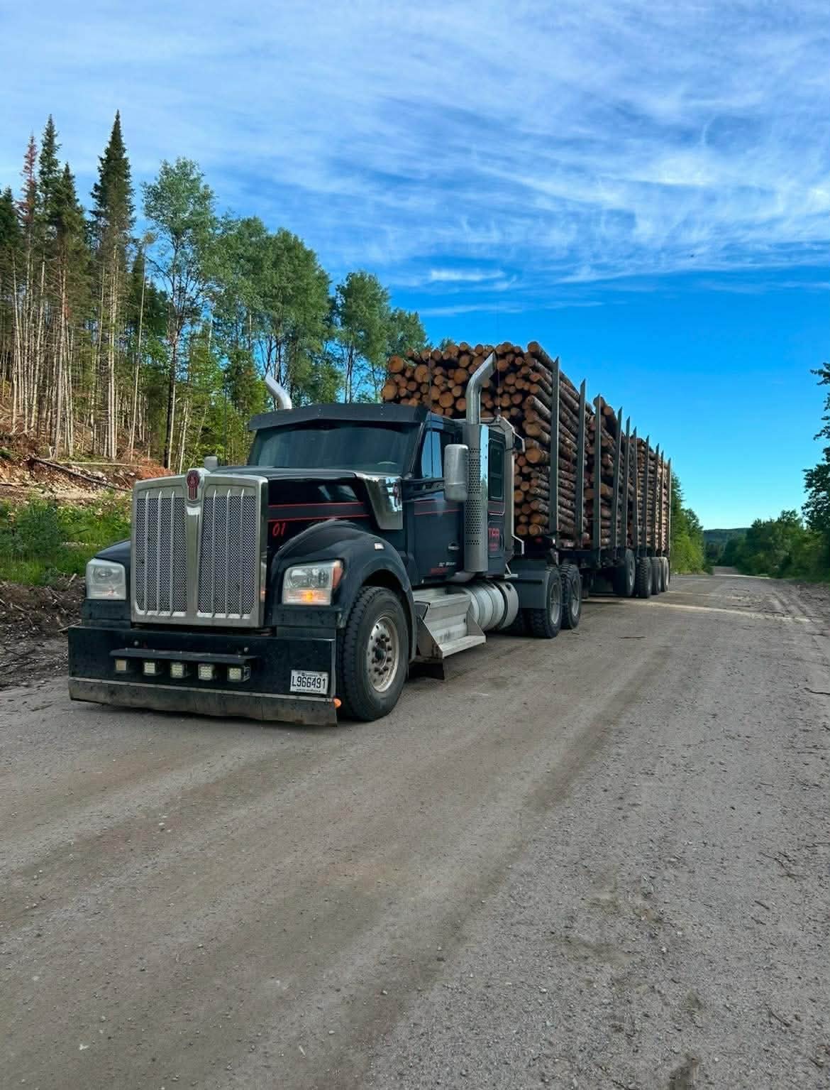Kenworth noir TFB transportant du bois en longueur sur chemin forestier